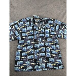 SPORTIF USA fishing ocean sea life BUTTON UP HAWAIIAN print SHIRT Large